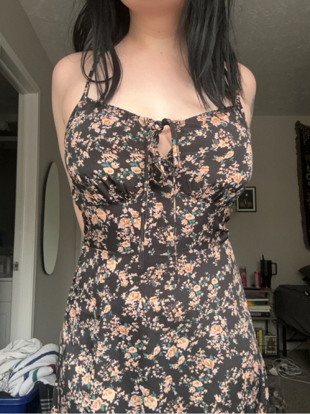 Black Floral Whimsigoth Slip Dress with Tan Rose Print - Picture 3 of 3